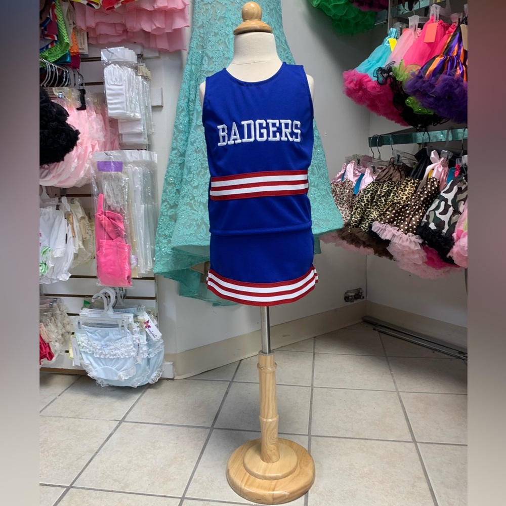 Kids 5-7 Red White & Blue Badgers Logo Cheerleader Cheerleading Uniform Set NWT